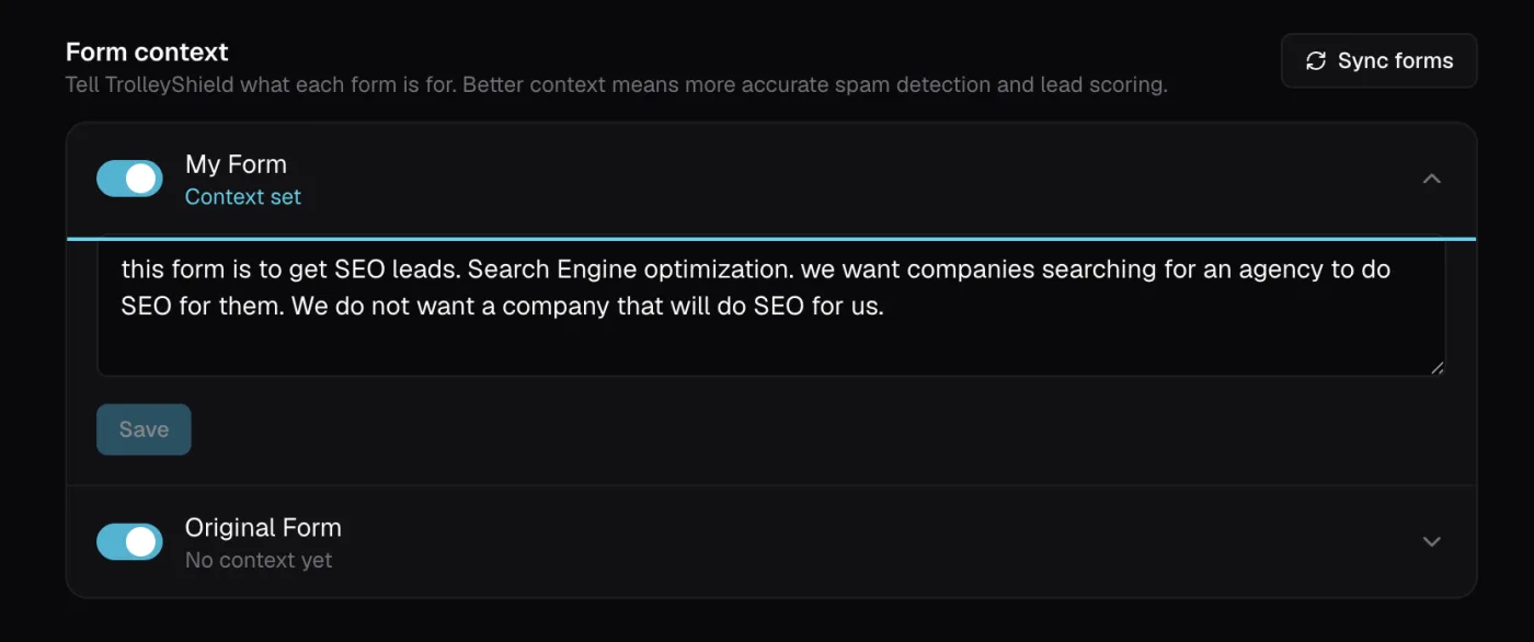 The Settings tab listing each Wix form with an analysis on/off switch to the left of its name and an expandable context editor